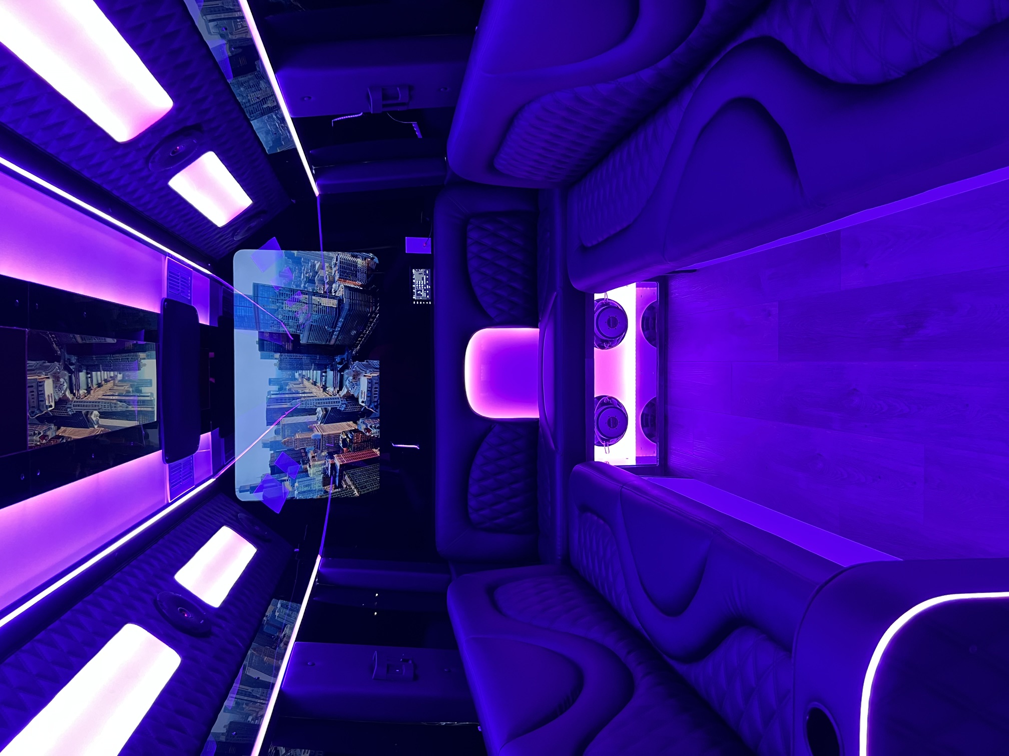 Luxury party bus interior with LED lighting